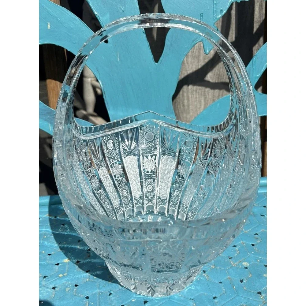 RARE SKLARNY BOHEMIA N.P. QUEEN LACE HAND CUT LEAD CRYSTAL BASKET 13